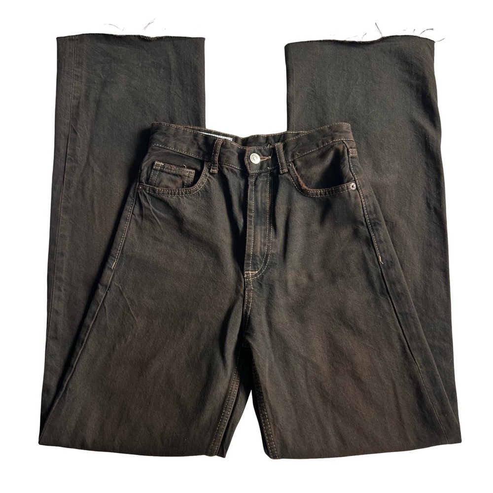 ZARA High Rise Cut Off Jeans Brown Straight Leg Denim Size 0